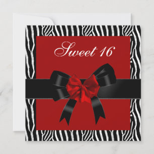 Sweet 16 Birthday Zebra Red Black White Bow Invitation