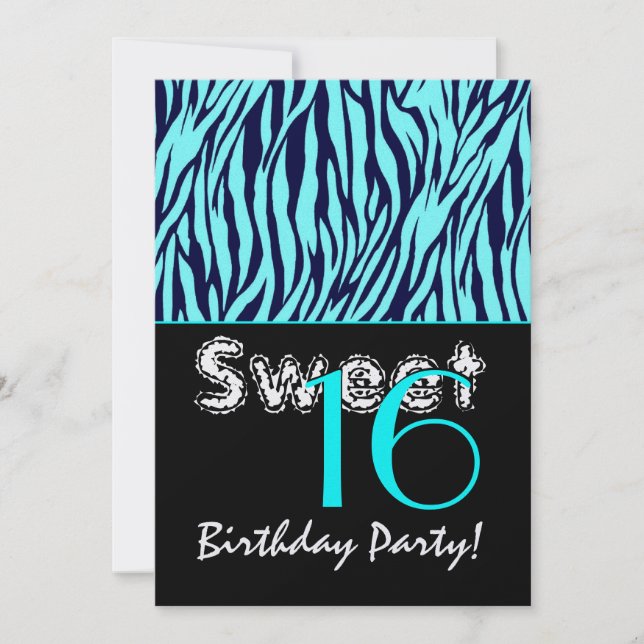 Sweet 16 Birthday Zebra Stripes Midnight Blue Aqua Invitation (Front)