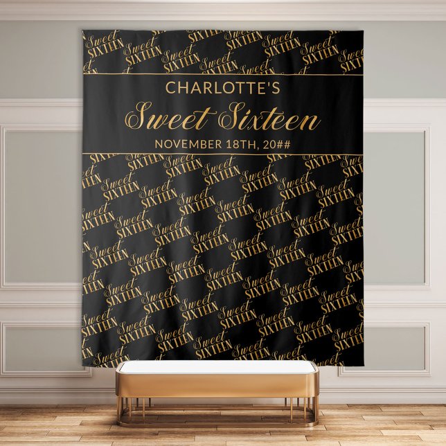 Sweet 16 Black and Gold Birthday Party Backdrop Tapestry (Creator Uploaded)