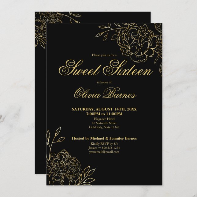 Sweet 16 Black and Gold Line Art Flowers Floral Invitation (Front/Back)
