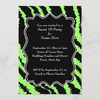 Sweet 16 Black and Lime Green Zebra Pattern Invitation