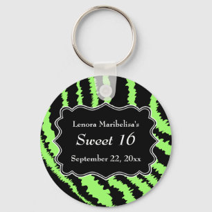 Sweet 16 Black and Lime Green Zebra Pattern Key Ring