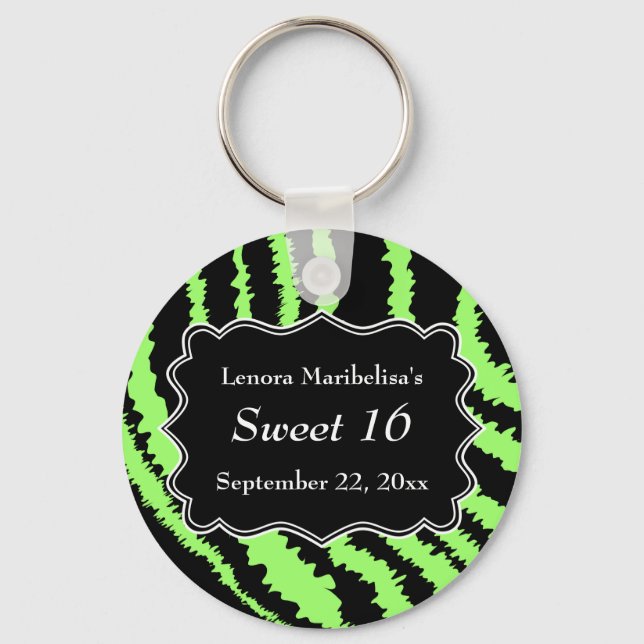 Sweet 16 Black and Lime Green Zebra Pattern Key Ring (Front)