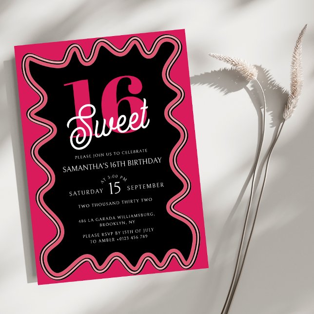 Sweet 16 Black and Pink Retro Wavy Sixteenth  Invitation (Creator Uploaded)