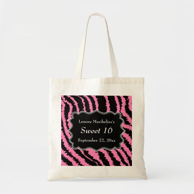 Sweet 16 Black and Pink Zebra Pattern Tote Bag (Front)