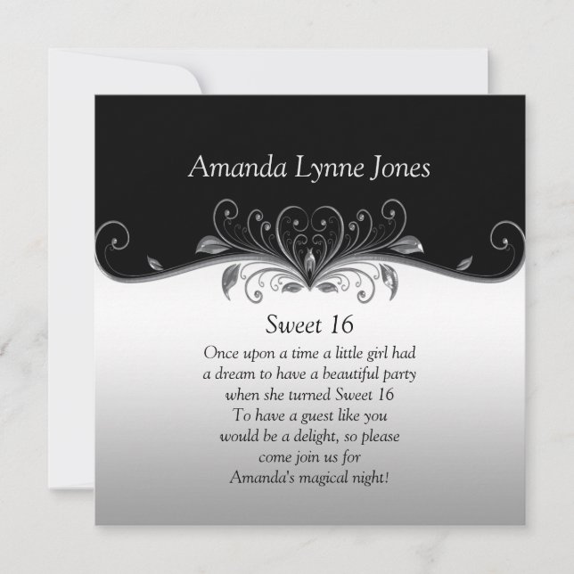 Sweet 16 Black and Silver Ornate Silver Scrolls Invitation (Front)