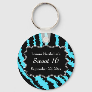 Sweet 16 Black and Turquoise Zebra Pattern Key Ring