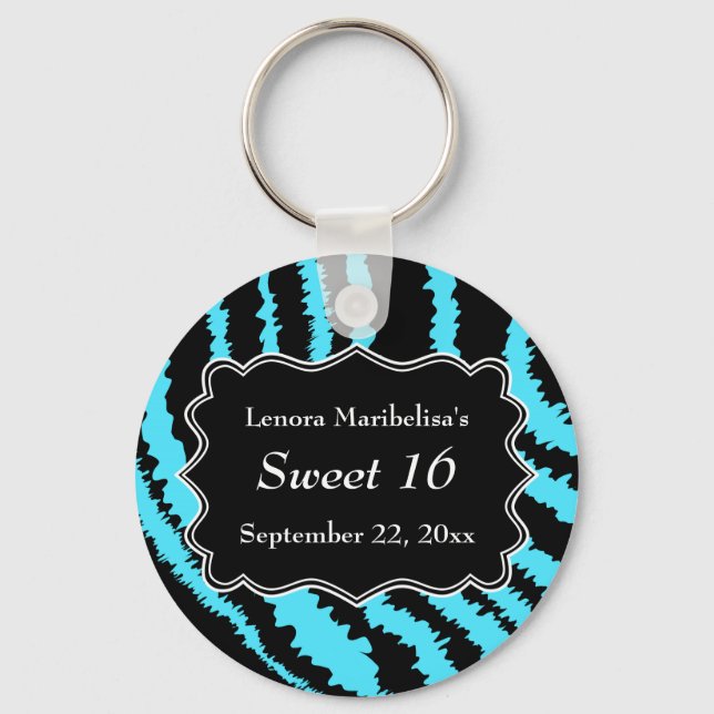 Sweet 16 Black and Turquoise Zebra Pattern Key Ring (Front)