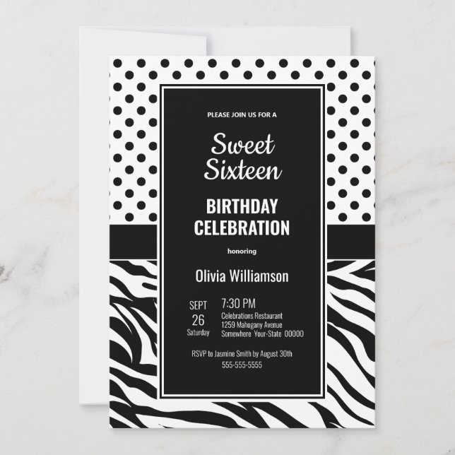 Sweet 16 Black and White Birthday Party Invitation (Front)
