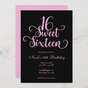 Sweet 16 Black & Bubblegum Pink Birthday Party  Invitation