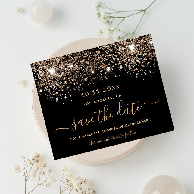 Sweet 16 black glitter budget save the date flyer (Creator Uploaded)