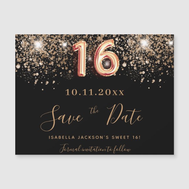 Sweet 16 black glitter save the date magnet (Front)