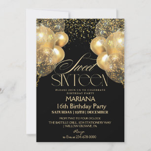 Sweet 16 Black & Gold Balloons Photo Birthday Invitation