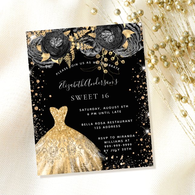Sweet 16 black gold dress floral budget invitation flyer (Creator Uploaded)
