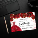 Sweet 16 black gold dress florals save the date announcement postcard<br><div class="desc">A girly and trendy Save the Date card for a Sweet 16, 16th birthday party. A black background decorated black roses, faux gold glitter sparkles and a golden dress. Personalise and add a date and name/age. The text: Save the Date is written with a large trendy hand lettered style script....</div>