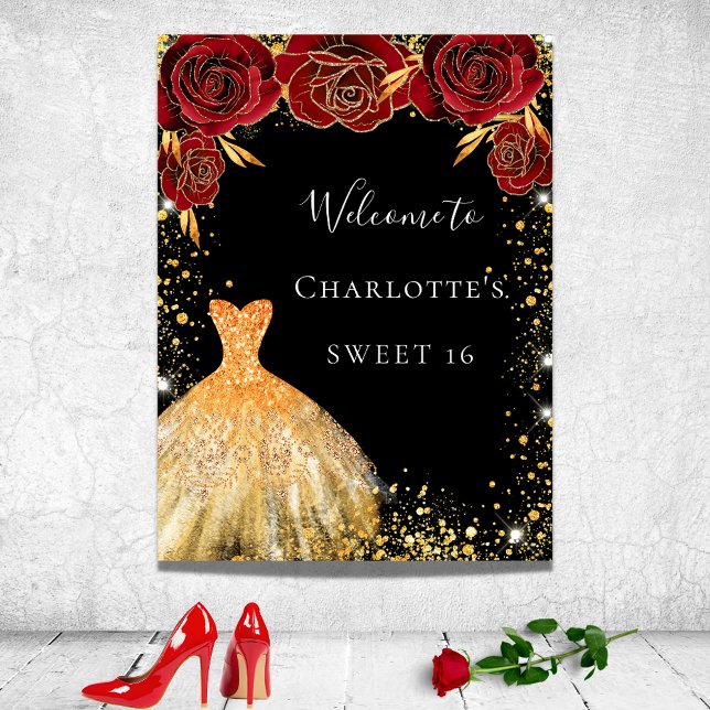 Sweet 16 black gold dress red floral  welcome poster (Creator Uploaded)