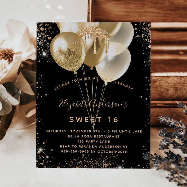 Sweet 16 black gold glitter balloons invitation (Creator Uploaded)