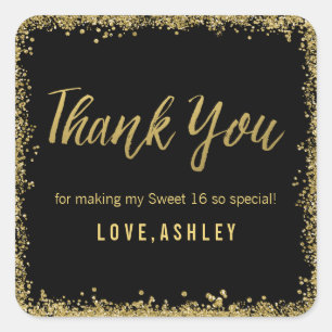 Sweet 16 Black Gold Glitter Birthday Favours Square Sticker