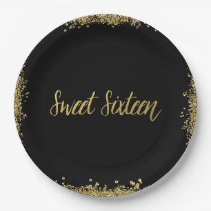 Sweet 16 Black Gold Glitter Birthday Paper Plate