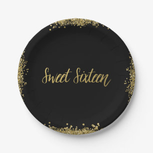 Sweet 16 Black Gold Glitter Birthday Paper Plate