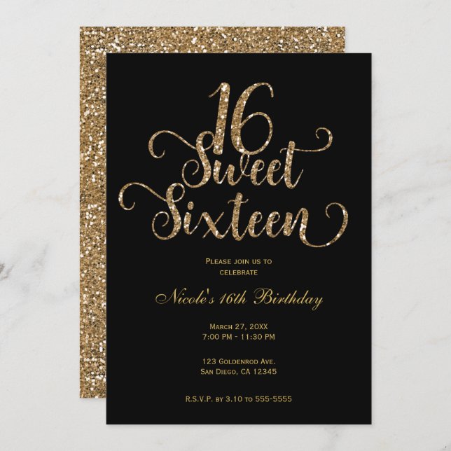 Sweet 16 Black & Gold Glitter Birthday Party  Invitation (Front/Back)