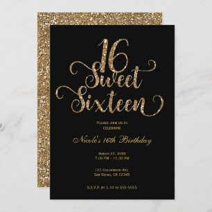 Sweet 16 Black & Gold Glitter Birthday Party  Invitation