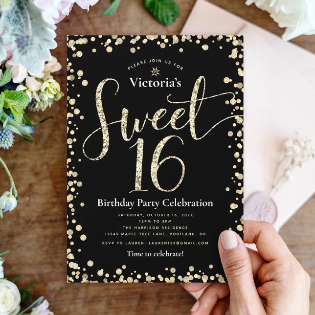 Sweet 16 Black Gold Glitter Chic Girly Birthday Invitation (Creator Uploaded)
