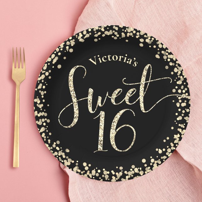 Sweet 16 Black Gold Glitter Confetti Chic Birthday Paper Plate (Creator Uploaded)