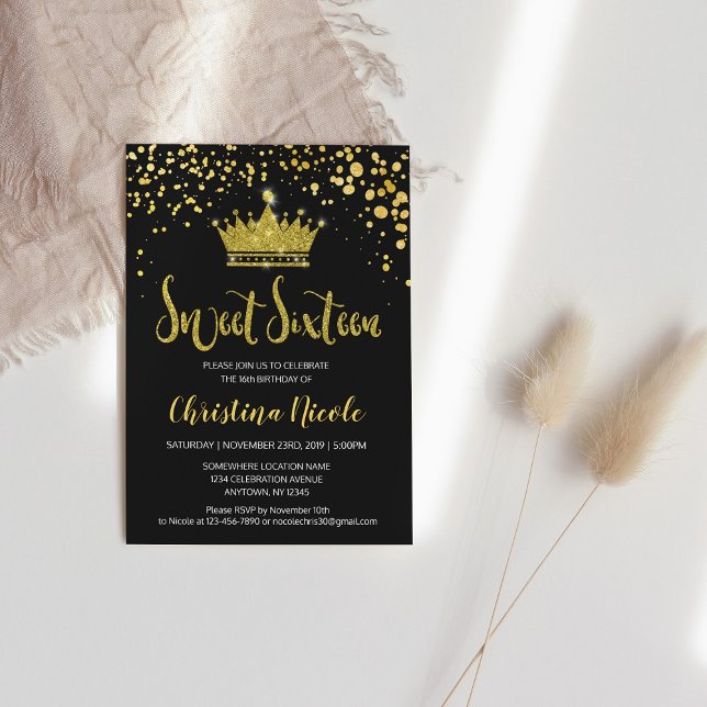 Sweet 16 Black Gold Glitter Confetti Crown Invitation (Creator Uploaded)