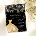 Sweet 16 black gold glitter dress florals party invitation<br><div class="desc">A modern,  stylish and glamourous invitation for a Sweet 16,  16th birthday party.  A black background with faux gold glitter dust,  a dress and black and gold roses,  florals.  The name is written with a modern hand lettered style script.  Personalise and add your party details.</div>