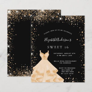 Sweet 16 black gold glitter dress invitation