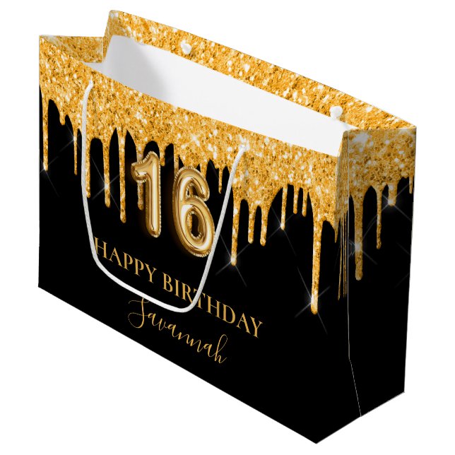 Sweet 16 black gold glitter drips name birthday large gift bag (Front Angled)