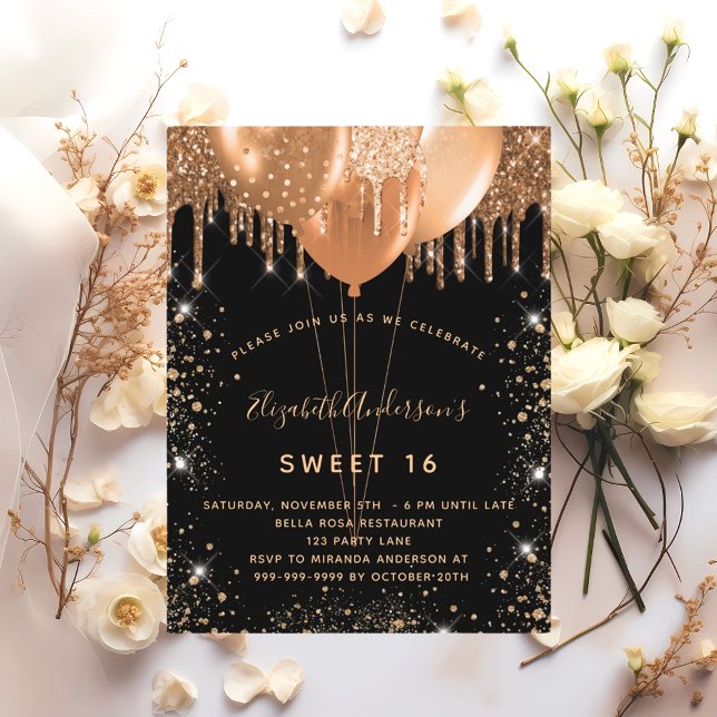 Sweet 16 black gold glitter dust balloons 16th invitation postcard (Creator Uploaded)