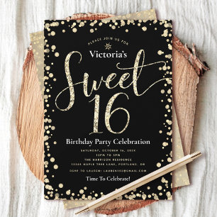 Sweet 16 Black Gold Glitter Script Birthday Chic  Invitation