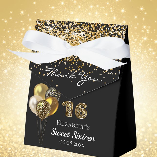 Sweet 16 black gold leopard print balloons favour box (Creator Uploaded)
