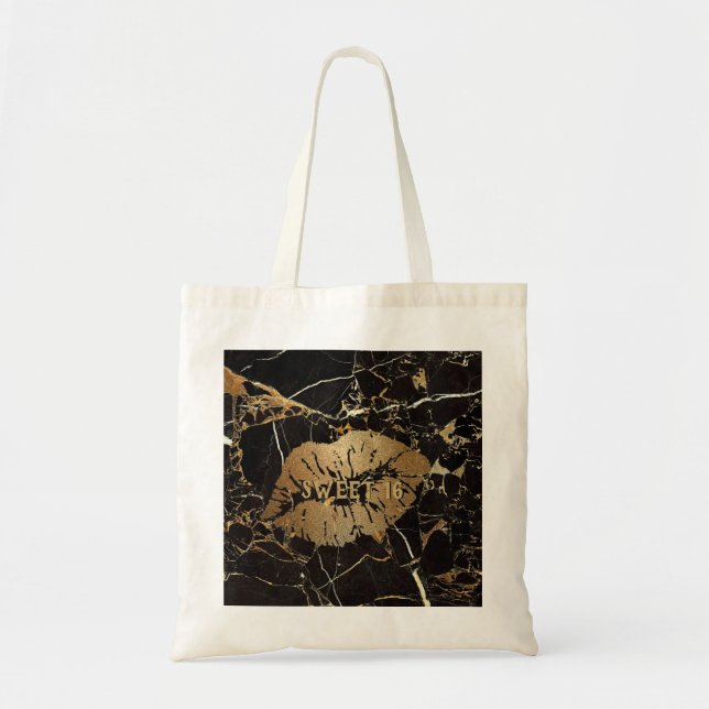 Sweet 16 Black Gold Marble Lips Personalised Tote Bag (Front)