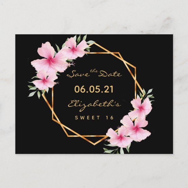 Sweet 16 black gold pink florals Save the Date Postcard (Front)