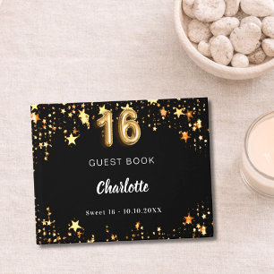 Sweet 16 black gold stars guest book
