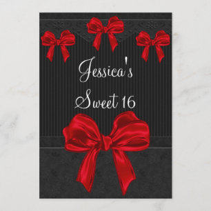Sweet 16 Black Grey Flowers Red Bows Birthday 3 Invitation