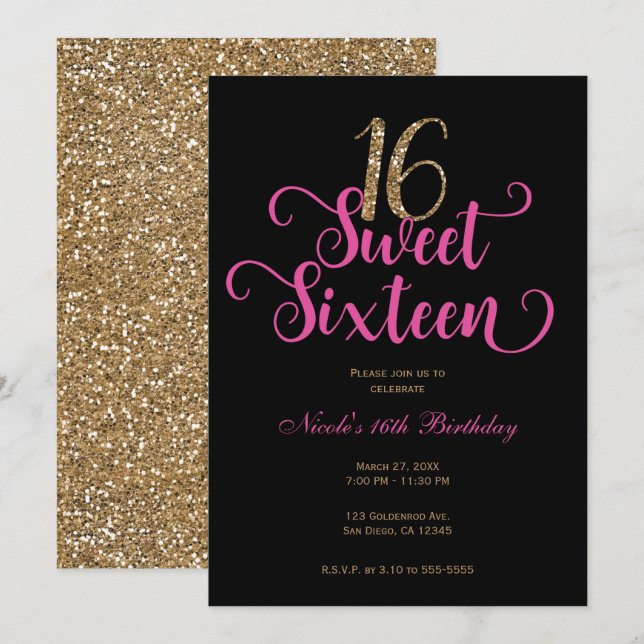 Sweet 16 Black Hot Pink Gold Glitter Birthday Invitation (Front/Back)