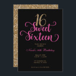 Sweet 16 Black Hot Pink Gold Glitter Birthday Invitation<br><div class="desc">Customise for your event.</div>
