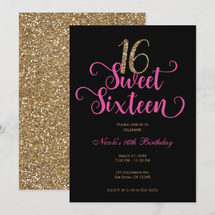 Sweet 16 Black Hot Pink Gold Glitter Birthday Invitation