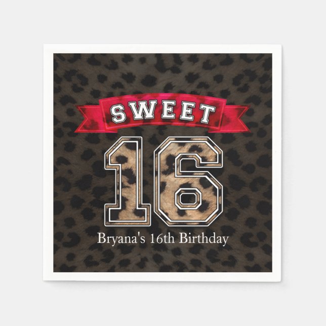 Sweet 16 Black & Leopard Print Party Napkin (Front)