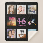 Sweet 16 black photo collage name girl sherpa blanket<br><div class="desc">A gift for a girl's 16th birthday,  celebrating her life with a collage of 8 of your photos.  Templates for a name,  age 16 and a date.  Date of birth or the date of the anniversary.  Pink and purple coloured letters.  Black coloured background.</div>
