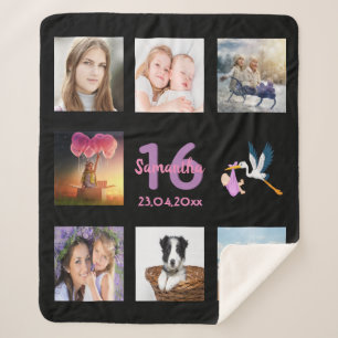 Sweet 16 black photo collage name girl sherpa blanket