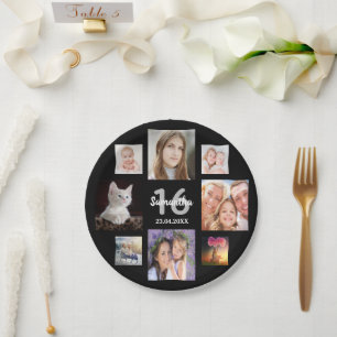 Sweet 16 Black photo collage Paper Plate