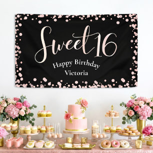 Sweet 16 Black Pink Rose Gold Welcome Birthday Banner