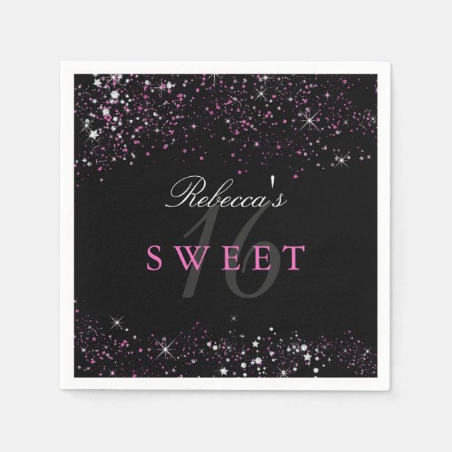 Sweet 16 Black Pink Sparkle Glitter Napkins (Front)