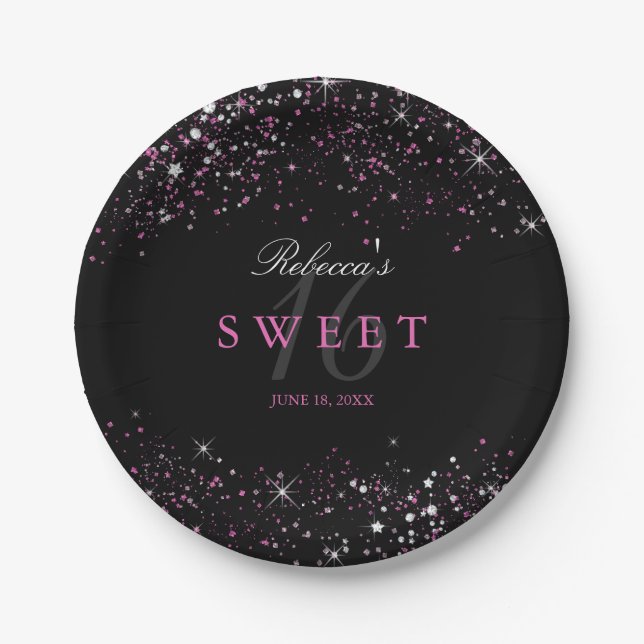 Sweet 16 Black Pink Sparkle Glitter Paper Plates (Front)