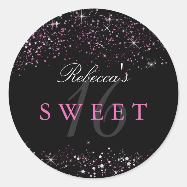 Sweet 16 Black Pink Sparkle Glitter Sticker (Front)